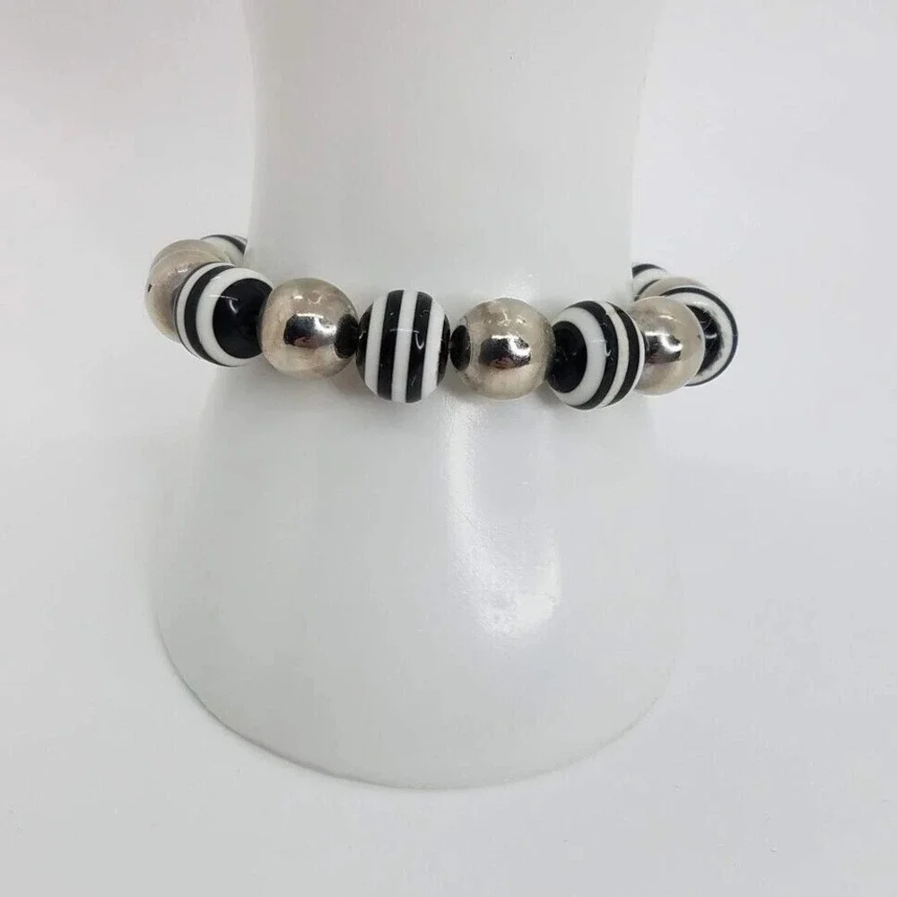 Chic Black‎ White Stripe Silver Tone Beaded Stretch Bracelet Fashion Jewelry